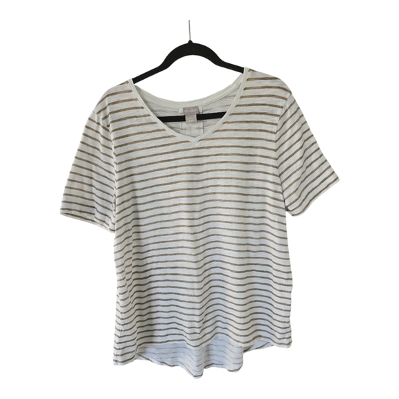 Chico’s Tee Shirt Cotton Blend  Striped Short Sleeve Sz L White Gold Athleisure - Picture 1 of 9